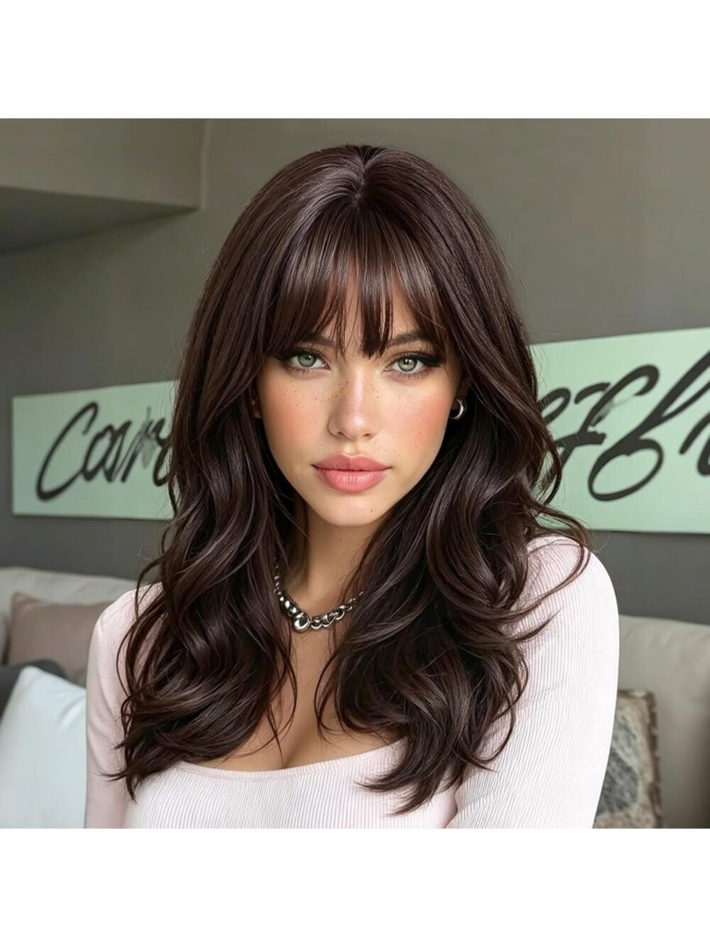 Women's Dark Brown Parting Layered Hairstyle Curly Synthetic Heat Resistant Wigs